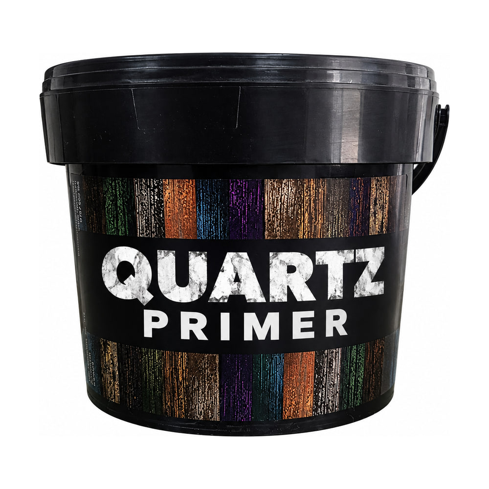 Găleată neagră cu toartă de amorsă Quartz Primer, cu eticheta în dungi colorate Găleată neagră cu toartă de amorsă Quartz Primer, cu eticheta în dungi colorate