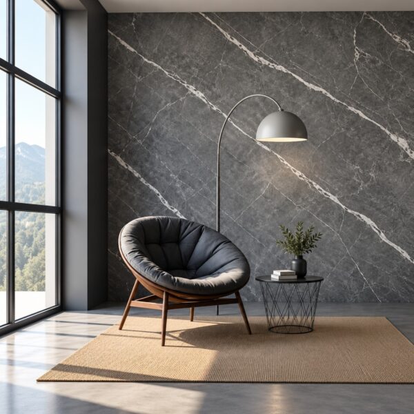 Perete de living decorat cu autocolant NO:6210 cu aspect de marmură gri, lângă un fotoliu și o lampă