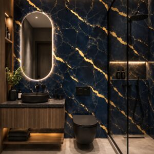 Baie cu pereți negri cu vinișoare aurii, oglindă ovală luminată, lavoar pe mobilier de lemn și cabină de duș