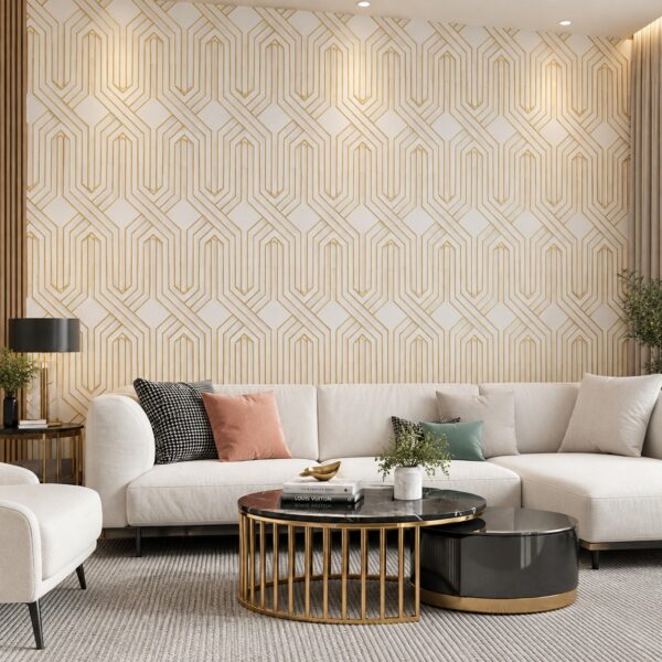 Perete de living acoperit cu autocolant YB9012 cu model geometric auriu, în spatele unei canapele albe