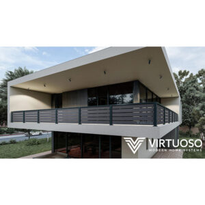 Balustradă cu lamele orizontale gri pe terasa de la etajul unei case moderne