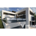 Terasă cu balustradă din aluminiu gri cu lamele orizontale, la o casă modernă albă