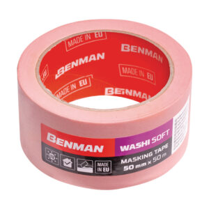 Rolă roz de bandă de mascare Benman Washi Soft, cu eticheta roșie, mov și neagră