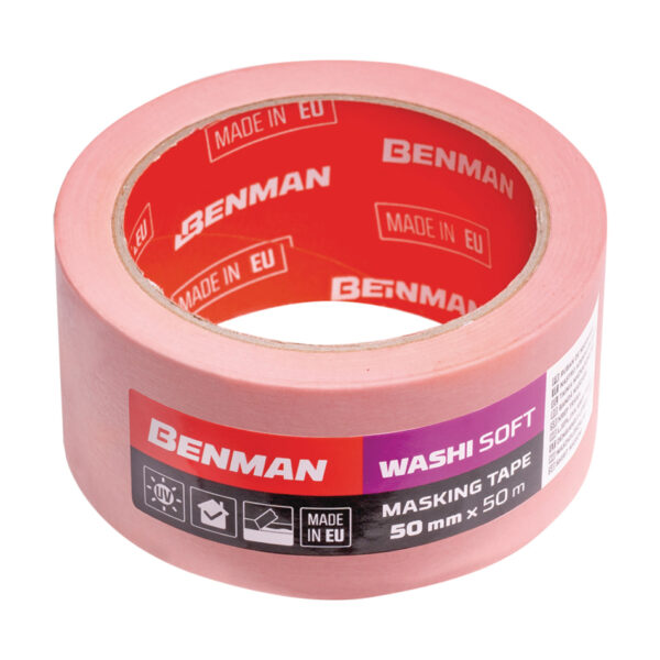 Rolă roz de bandă de mascare Benman Washi Soft, cu eticheta roșie, mov și neagră