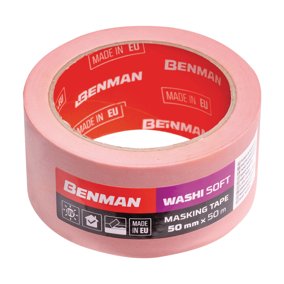 Rolă roz de bandă de mascare Benman Washi Soft, cu eticheta roșie, mov și neagră Rolă roz de bandă de mascare Benman Washi Soft, cu eticheta roșie, mov și neagră