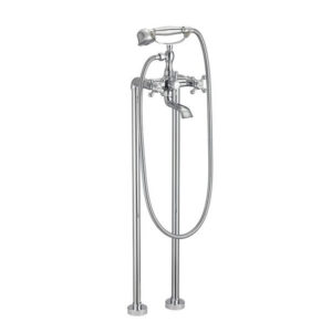 Baterie de pardoseală Retro cromată pentru cadă freestanding, cu două mânere în cruce și pară de duș tip telefon