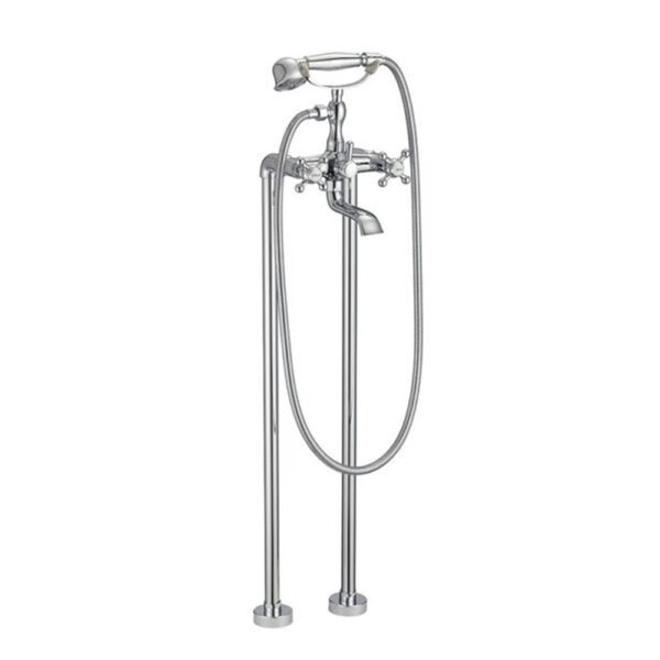 Baterie de pardoseală Retro cromată pentru cadă freestanding, cu două mânere în cruce și pară de duș tip telefon