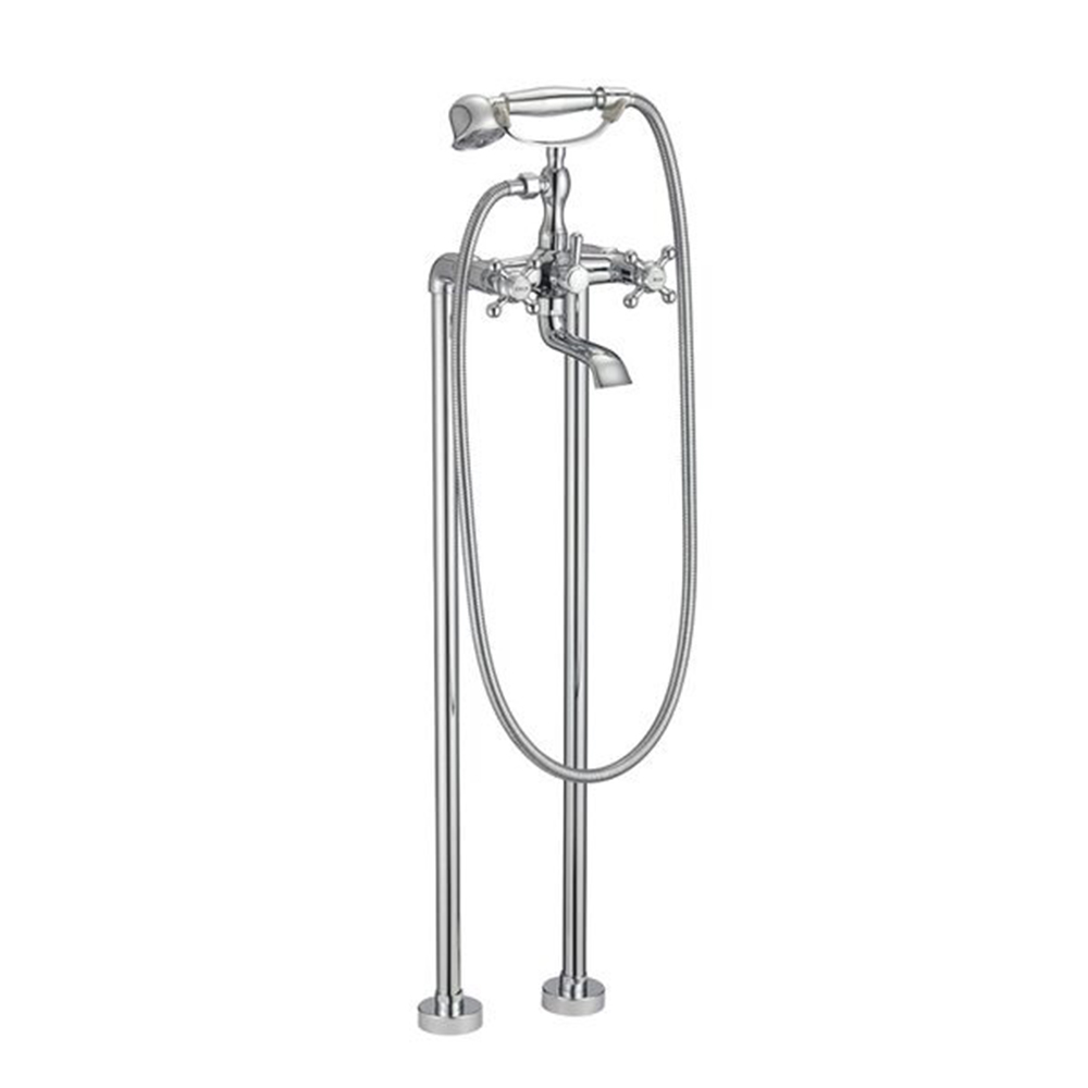 Baterie de pardoseală Retro cromată Baterie de pardoseală Retro cromată pentru cadă freestanding, cu două mânere în cruce și pară de duș tip telefon