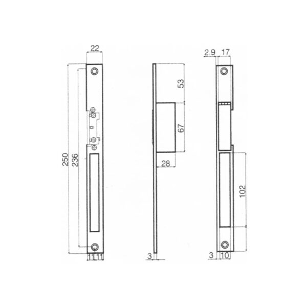 Desen tehnic broască electromagnetică: placă de 250 × 22 mm, corp de 67 × 28 mm, fantă de 102 mm