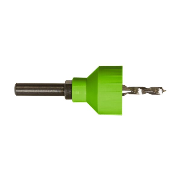 Burghiu cu zencuitor de 4,7 mm pentru pregăurirea plăcilor de terasă, cu manșon verde și tijă cilindrică neagră