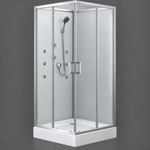 Cabină de duș cu hidromasaj 6020, cu duze pe panourile albe, pară de duș și uși glisante cu mânere, pe fundal gri