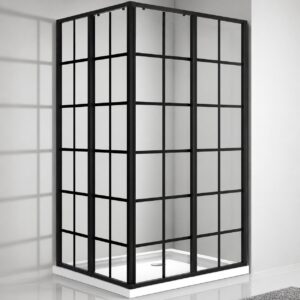 Cabină de duș pătrată 7005 cu sticlă clară și caroiaj negru, profile negre, prezentată pe o cădiță albă