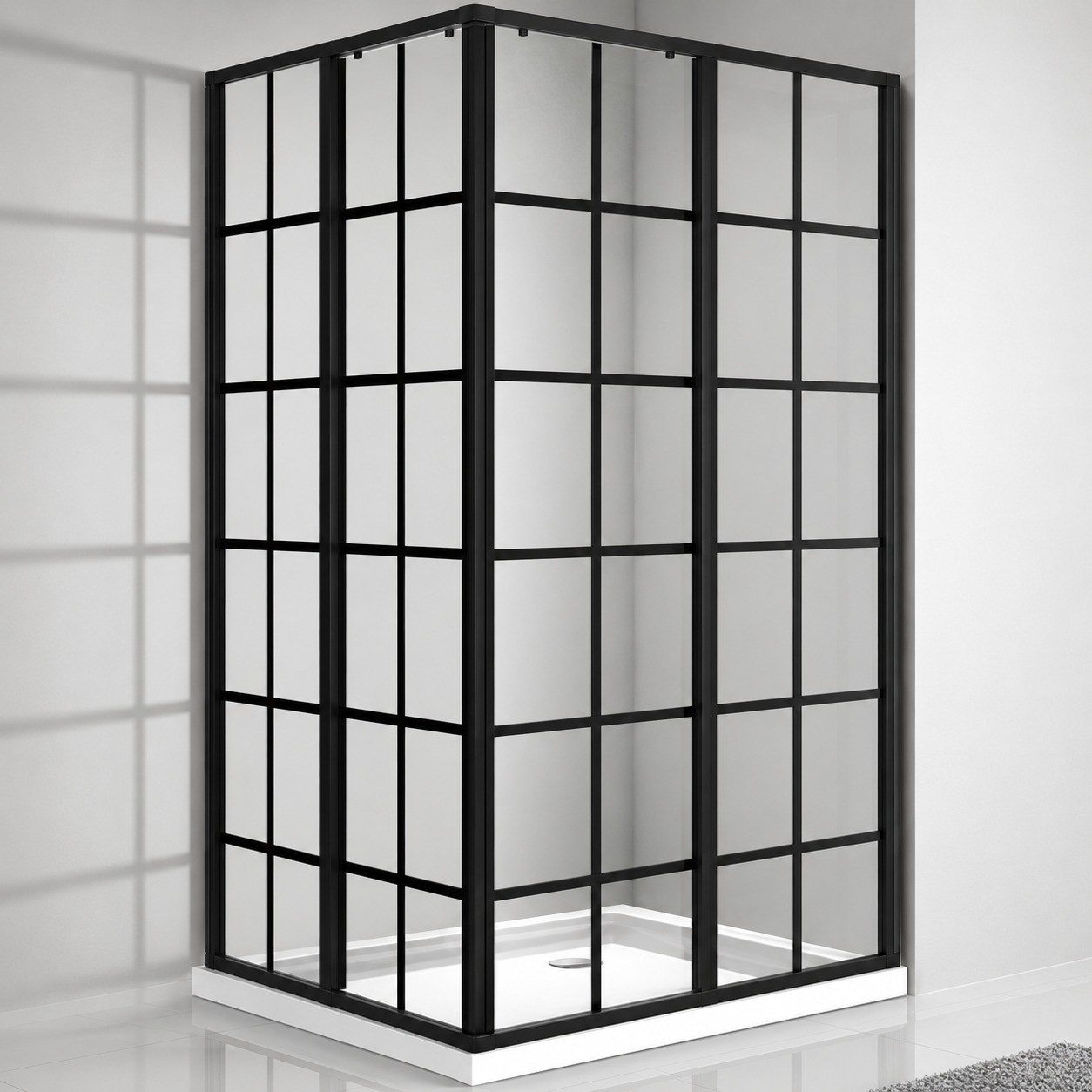 Cabină de duș 7005 cu caroiaj negru Cabină de duș pătrată 7005 cu sticlă clară și caroiaj negru, profile negre, prezentată pe o cădiță albă