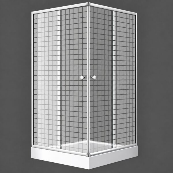 Cabină de duș pătrată 7005 Square cu sticlă cu model de pătrățele, profile argintii și cădiță joasă albă
