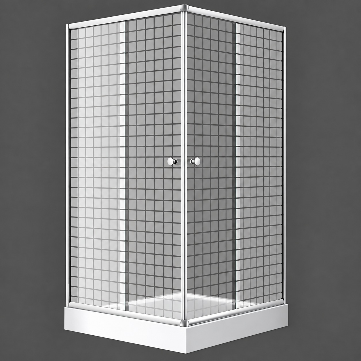 Cabină de duș 7005 Square 80 × 80 cm Cabină de duș pătrată 7005 Square cu sticlă cu model de pătrățele, profile argintii și cădiță joasă albă