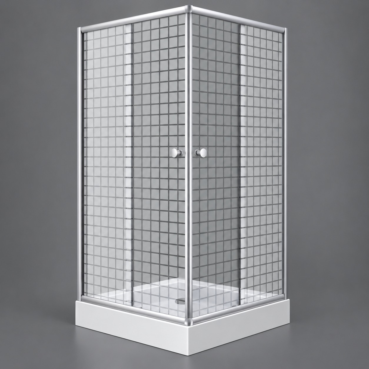 Cabină de duș pătrată 7005 Square Cabină de duș 7005 Square pătrată, cu geamuri cu pătrățele și uși glisante în colț, pe o cădiță joasă