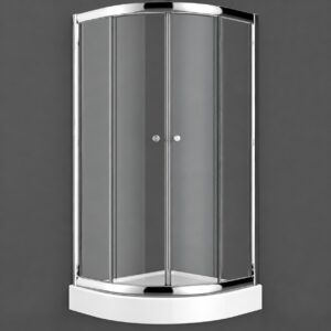 Cabină de duș semirotundă 7011 cu sticlă clară, profile cromate și uși glisante, prezentată pe o cădiță albă