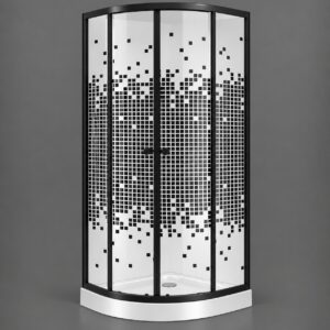 Cabină de duș semirotundă 7011 Mozaic Black, cu profile negre și sticlă cu mozaic de pătrățele negre, pe cădiță joasă