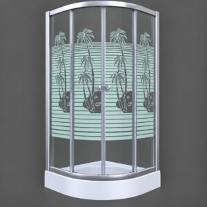 Cabină de duș semirotundă 7011 Palmier, sticlă cu palmieri și dungi, profile argintii, pe o cădiță joasă