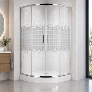 Cabină de duș semirotundă 7011 White Mozaic, cu bandă de mozaic alb pe sticlă și profile cromate, pe o cădiță joasă
