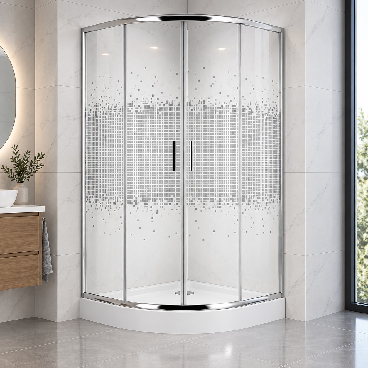 Cabină de duș 7011 White Mozaic Cabină de duș semirotundă 7011 White Mozaic, cu bandă de mozaic alb pe sticlă și profile cromate, pe o cădiță joasă