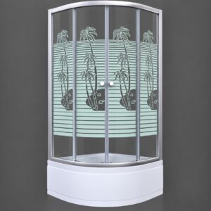 Cabină de duș semirotundă 7048 Palmier, sticlă cu palmieri și dungi, profile argintii, pe o cădiță înaltă