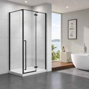 Cabină de duș S5A-3 cu ramă neagră, într-o baie gri, lângă o cadă freestanding