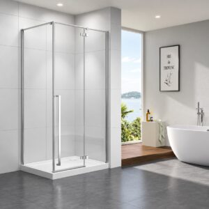 Cabină de duș S5A-3 cu ramă cromată, într-o baie gri luminoasă, cu fereastră mare
