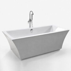 Cadă freestanding dreptunghiulară 7105 din acril alb lucios, cu pereți evazați și baterie de pardoseală, pe fundal alb