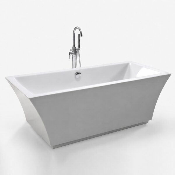 Cadă freestanding dreptunghiulară 7105 din acril alb lucios, cu pereți evazați și baterie de pardoseală, pe fundal alb