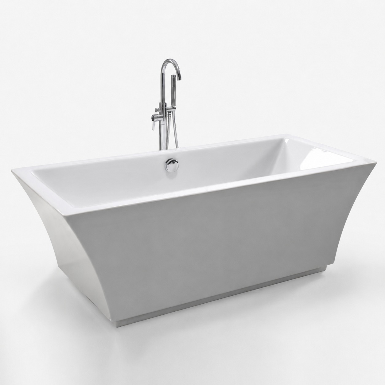 Cadă dreptunghiulară 7105 din acril alb lucios Cadă freestanding dreptunghiulară 7105 din acril alb lucios, cu pereți evazați și baterie de pardoseală, pe fundal alb