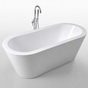Cadă freestanding ovală 7117 din acril alb lucios, cu baterie de pardoseală cromată, pe fundal alb