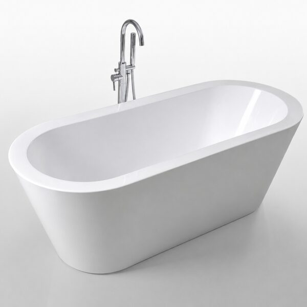 Cadă freestanding ovală 7117 din acril alb lucios, cu baterie de pardoseală cromată, pe fundal alb