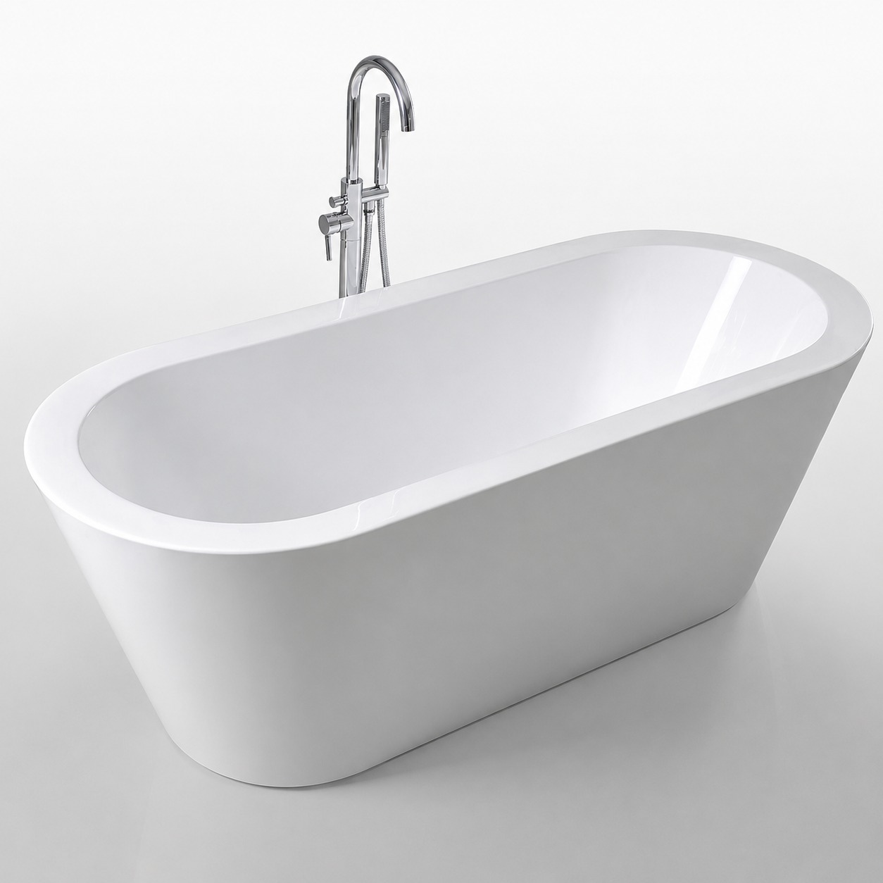Cadă freestanding ovală 7117 din acril alb Cadă freestanding ovală 7117 din acril alb lucios, cu baterie de pardoseală cromată, pe fundal alb