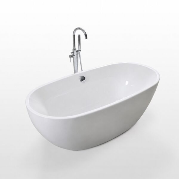 Cadă freestanding ovală 7122 White din acril alb lucios, cu baterie de pardoseală cromată, pe fundal alb