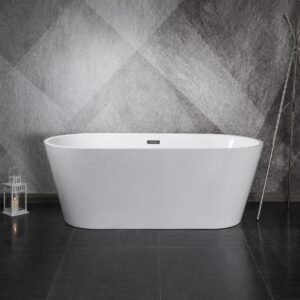 Cadă freestanding ovală 9003 din acril alb lucios, vedere frontală, într-o baie cu gresie închisă la culoare