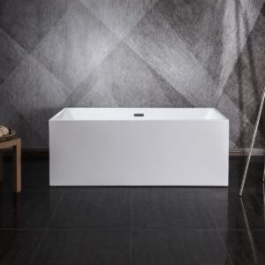 Cadă freestanding dreptunghiulară 9005 din acril alb lucios, vedere frontală, în baie cu gresie neagră