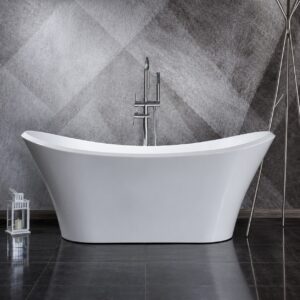 Cadă freestanding 9009 din acril alb lucios, ovală, cu ambele capete înălțate, vedere laterală cu baterie de pardoseală