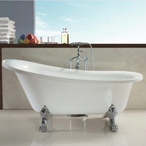 Cadă freestanding retro 901 din acril alb, pe picioare decorative argintii, vedere laterală