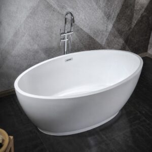 Cadă ovală 9016 din acril alb, vedere din unghi spre interior, cu preaplin pe peretele din capăt