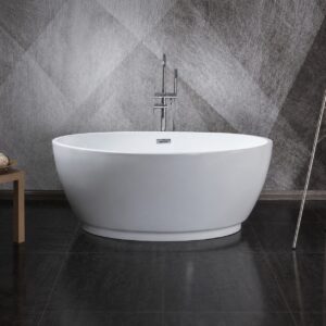 Cadă freestanding ovală 9016 din acril alb lucios, pe soclu, cu baterie de pardoseală în decor