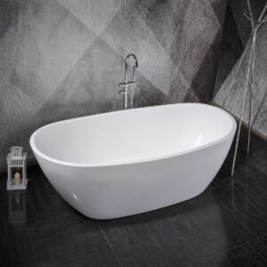 Cadă freestanding 9018 albă, vedere de sus a cuvei, cu baterie de pardoseală în decor