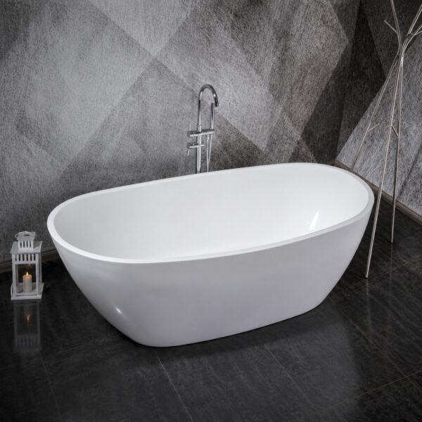 Cadă freestanding 9018 albă, vedere de sus a cuvei, cu baterie de pardoseală în decor