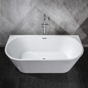 Cadă freestanding 9019 din acril alb, vedere de sus, cu baterie de pardoseală în decor