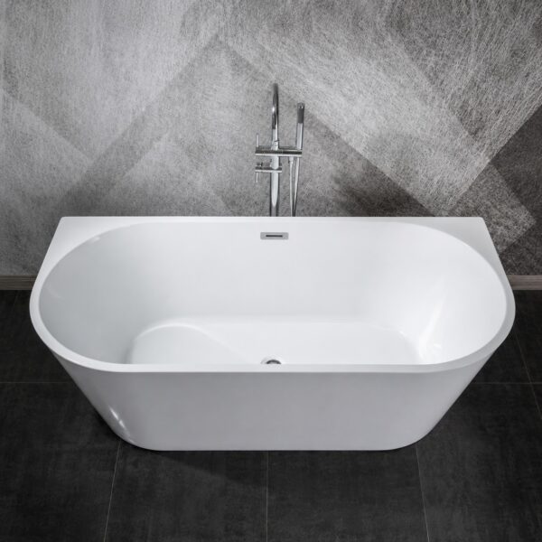 Cadă freestanding 9019 din acril alb, vedere de sus, cu baterie de pardoseală în decor