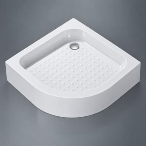 Cădiță de duș semirotundă ST-203 din acril alb, cu puncte în relief pe fund și scurgere în colț
