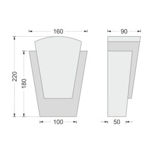 Desenul cotat al cheii de boltă AC-907, vedere din față și din profil: 22 x 16 x 9 cm
