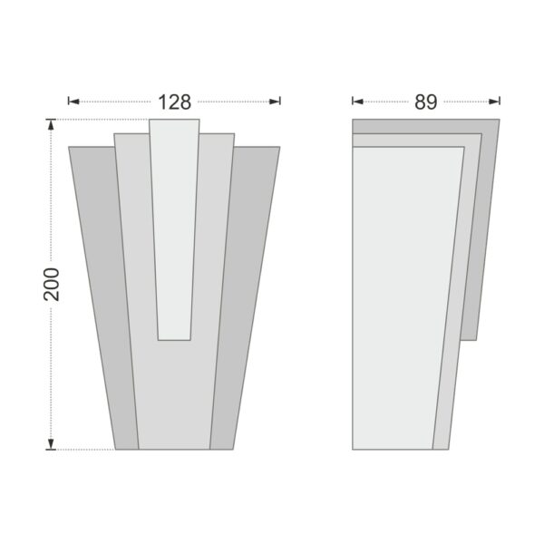 Desenul cotat al cheii de boltă AC-909, vedere din față și din profil: 20 x 12,8 x 8,9 cm