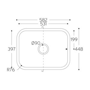 Cotele chiuvetei Corian Sweet 871 în vedere de sus: cuva de 531 × 397 mm