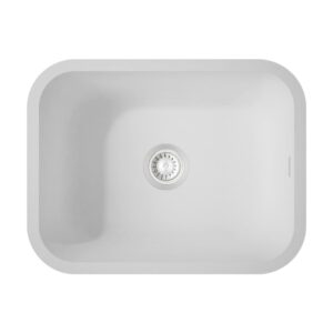 Chiuveta Corian Sweet 871 Glacier White văzută de sus, cu cuva dreptunghiulară și scurgerea